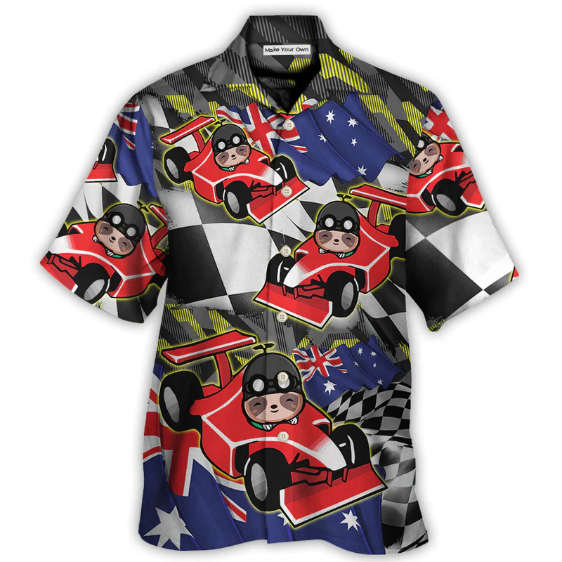 Australian Sloth Racing Car Hawaiian Shirt Resort Outfit View For Outdoor Gatherings