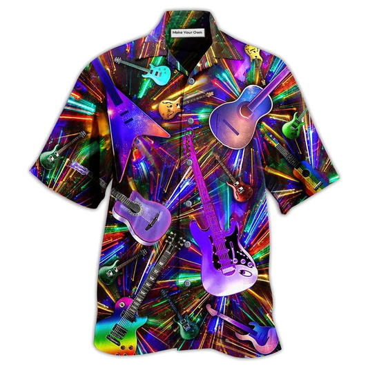 Neon Guitar Hawaiian Shirt For Resort Travel Summer Outings And Casual Gatherings
