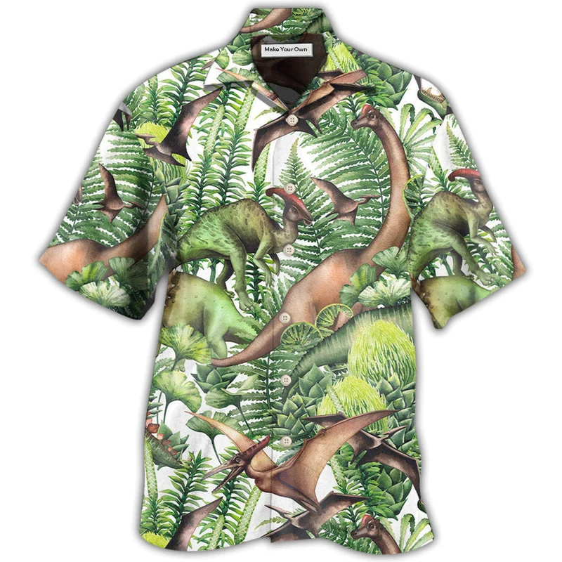 Ancient Green Dindinosaur Hawaiian Shirt Artwork View For Weekend Travel And Beach Style