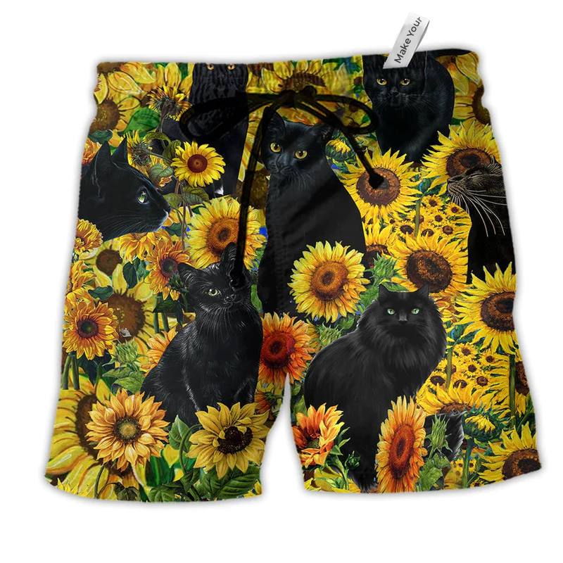 Black Cat Love Sunflower Hawaiian Print Beach Shorts For Island Getaways And Comfort