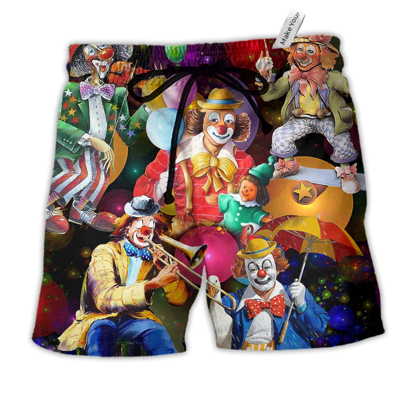 Clown Funny Happy In The Night Hawaiian Print Beach Shorts For Warm Weather Trips And Everyday Use