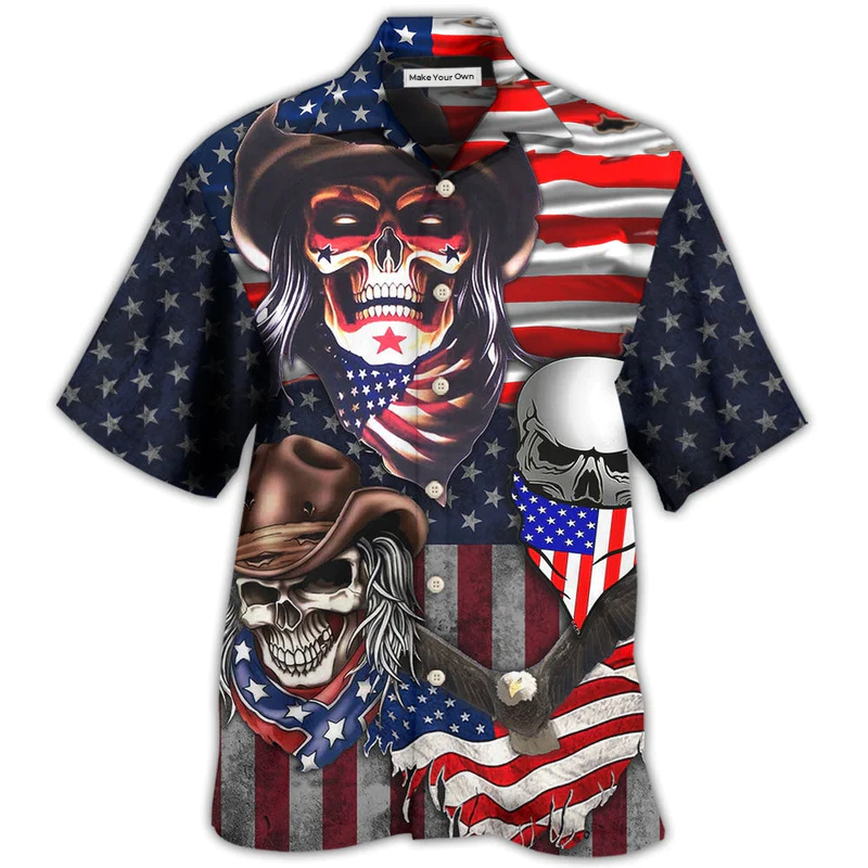 Skull Independence Day Cowboy Us Hawaiian Shirt Pattern Detail For Summer Holidays And Outdoor Fun