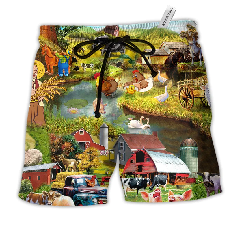 Farm Love Awesome Animals Hawaiian Print Beach Shorts For Beach Days And Casual Outdoor Wear