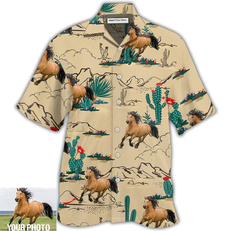 Horse Desert Custom Photo Hawaiian Shirt Artwork Detail For Resort Trips And Outdoor Activities