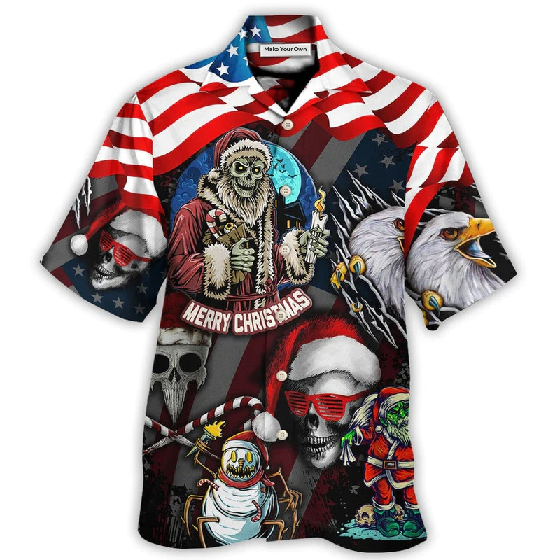 Skull Christmas US Flag Skeleton Eagle Vibe Hawaiian Shirt Artwork View For Coastal Escapes And Resort Style