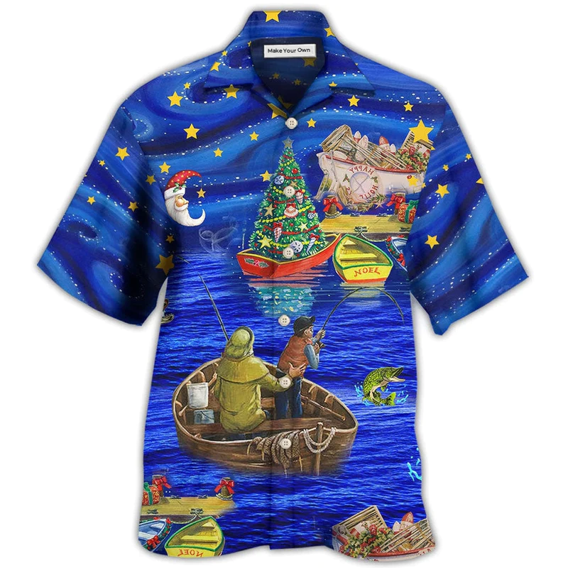 Fishing Beautiful Christmas Night Hawaiian Shirt Artwork View For Weekend Travel And Beach Style