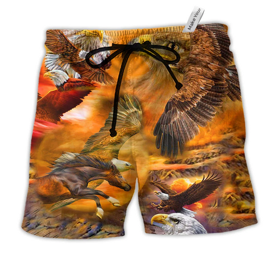 Eagle Flying In The Sunset Sky Hawaiian Print Beach Shorts For Independence Day Vacation Wear