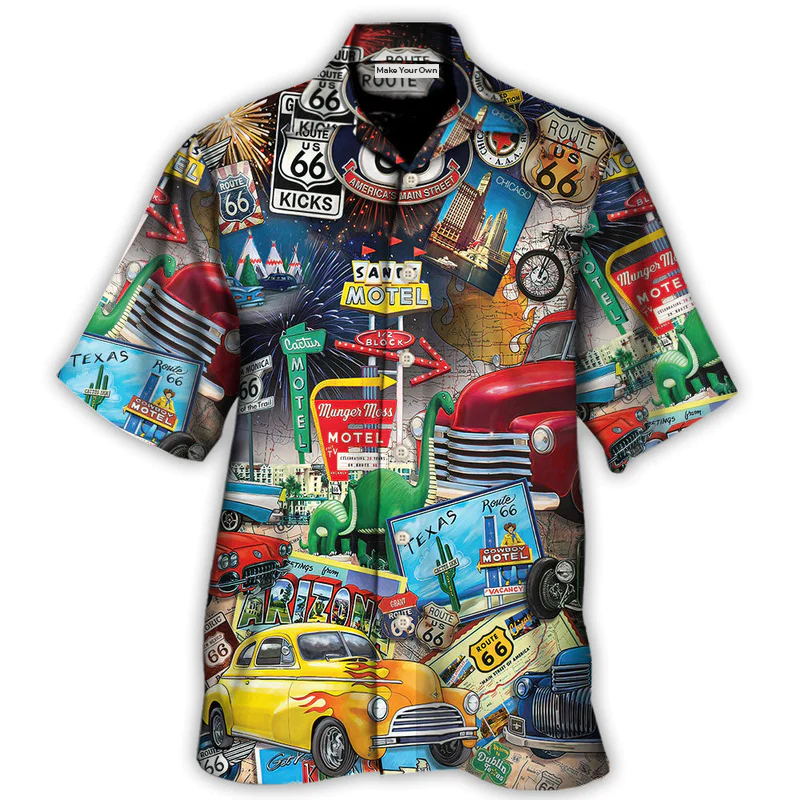 Historic Car Highway Road Trip Puzzle Hawaiian Shirt Design View For Casual Summer Styling