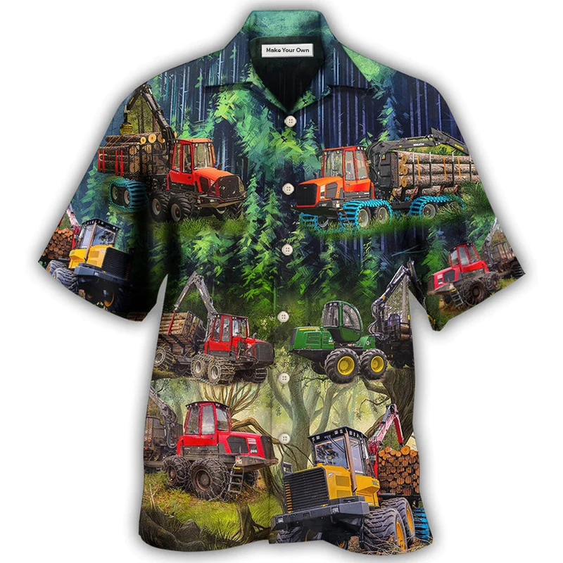 Woodland Tractor Hawaiian Shirt Artwork Detail For Resort Trips And Outdoor Activities