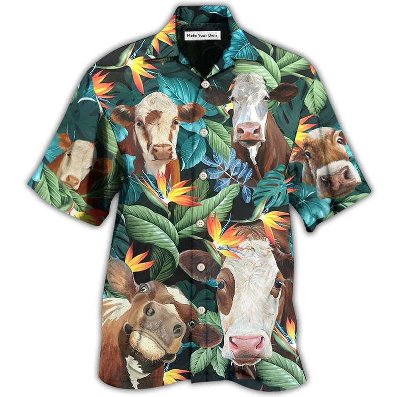 Funny Tropical Cow Hawaiian Shirt Pattern Detail For Vacation Travel And Daily Wear