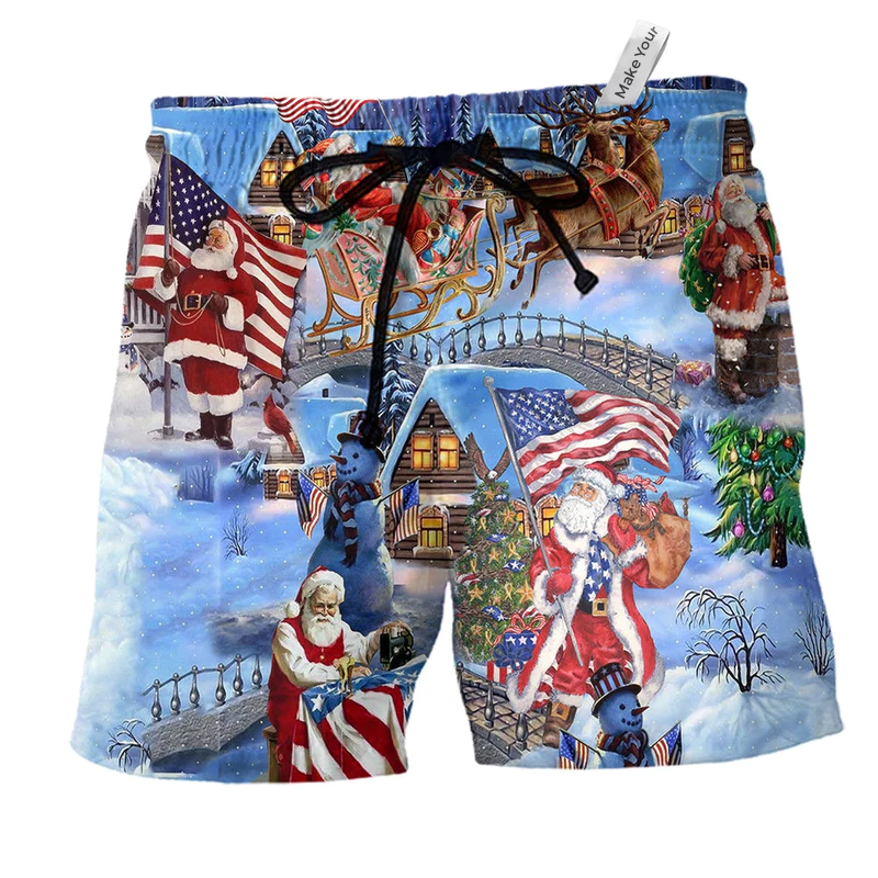Christmas Americana Santa Beach Shorts For Summer Vacations And Leisure And Relaxation