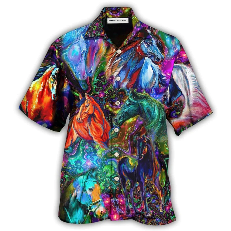 Colorful Horse Hawaiian Shirt Artwork Detail For Tropical Trips And Casual Outings