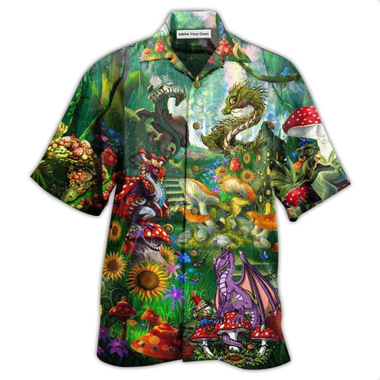Bohemian Magical Dragon Mushrooms Hawaiian Shirt Pattern Detail For Vacation Travel And Daily Wear