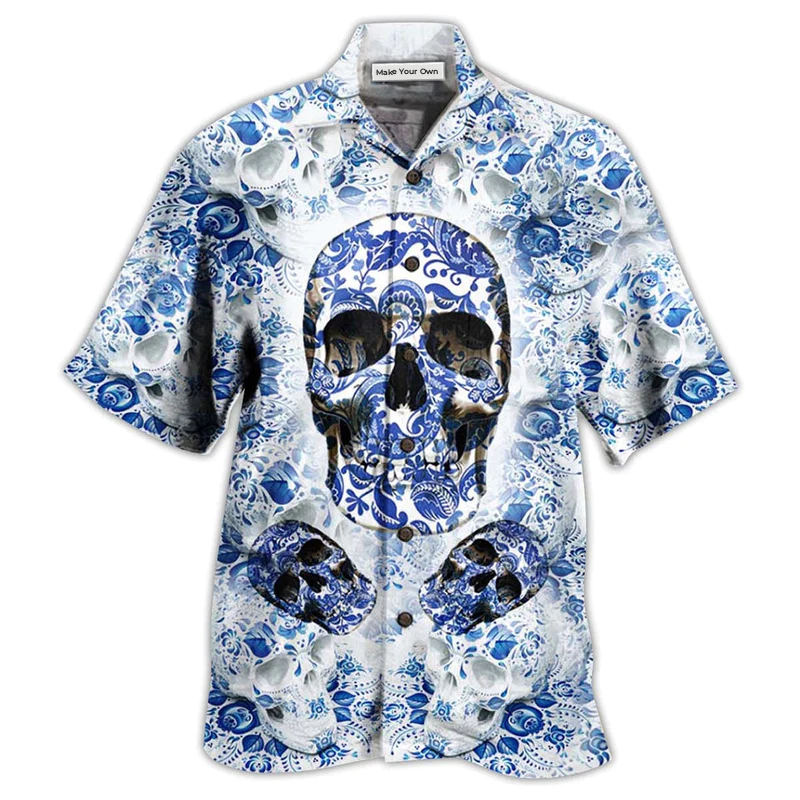 Blue Skull Hawaiian Shirt For Vacation Getaways Resort Wear And Casual Celebrations
