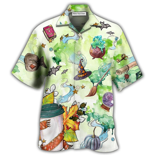 Coffee Halloween Witch Hawaiian Shirt Artwork Detail For Resort Trips And Outdoor Activities