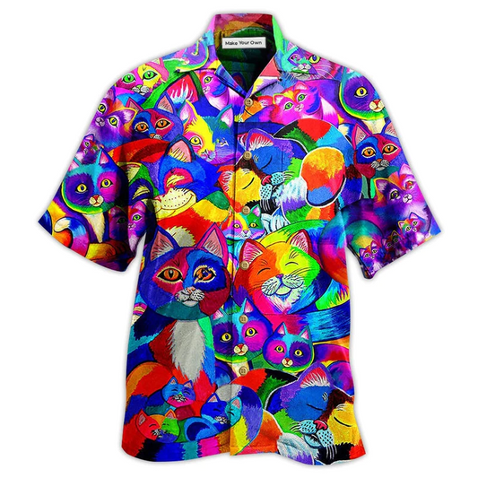 Colorful Rainbow Cat Hawaiian Shirt For Vacation Days And Relaxed Coastal Outings