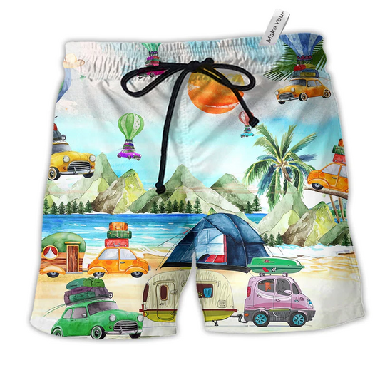 Camping Free Spirit With Hawaiian Print Beach Shorts For Beach Getaways And Comfortable Summer Wear