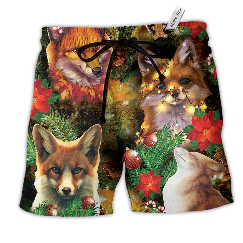 Merry Christmas Foxmas With Flower Hawaiian Beach Shorts For Holiday Beach Days