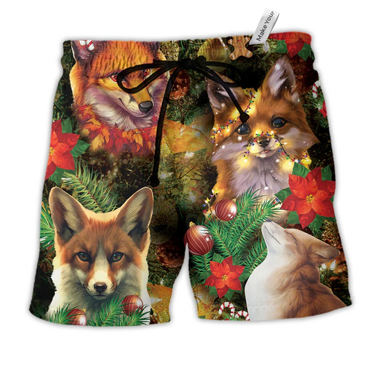 Merry Christmas Foxmas With Flower Hawaiian Beach Shorts For Holiday Beach Days