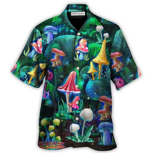 Bohemian Neon Mushroom Galaxy Hawaiian Shirt Artwork Detail For Resort Trips And Outdoor Activities