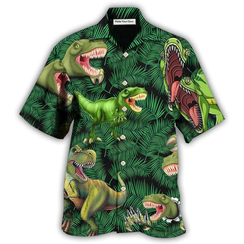 Green Dinosaur Summer Leaf Hawaiian Shirt Design View For Casual Summer Styling