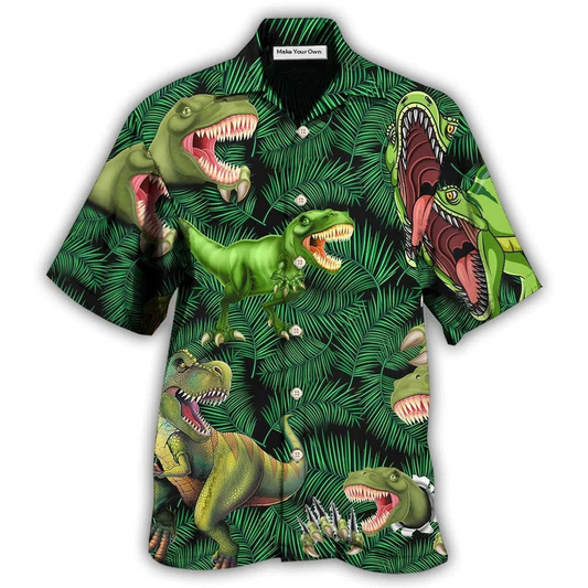 Green Dinosaur Summer Leaf Hawaiian Shirt Design View For Casual Summer Styling