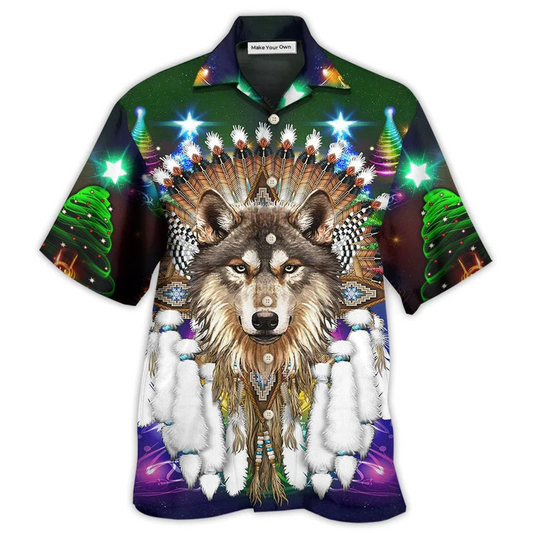 Bohemian Festive Wolf Christmas Hawaiian Shirt Pattern View For Lightweight Everyday Style