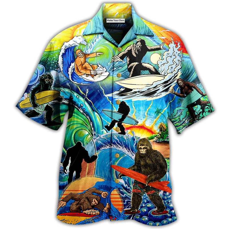Forest Creature Surfing Hawaiian Shirt Design View For Casual Summer Styling