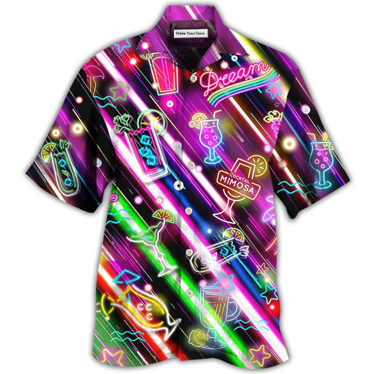 Happy Neon Cocktail Mimosa Hour Stunning Hawaiian Shirt Design Detail For Beach Days And Holiday Travel