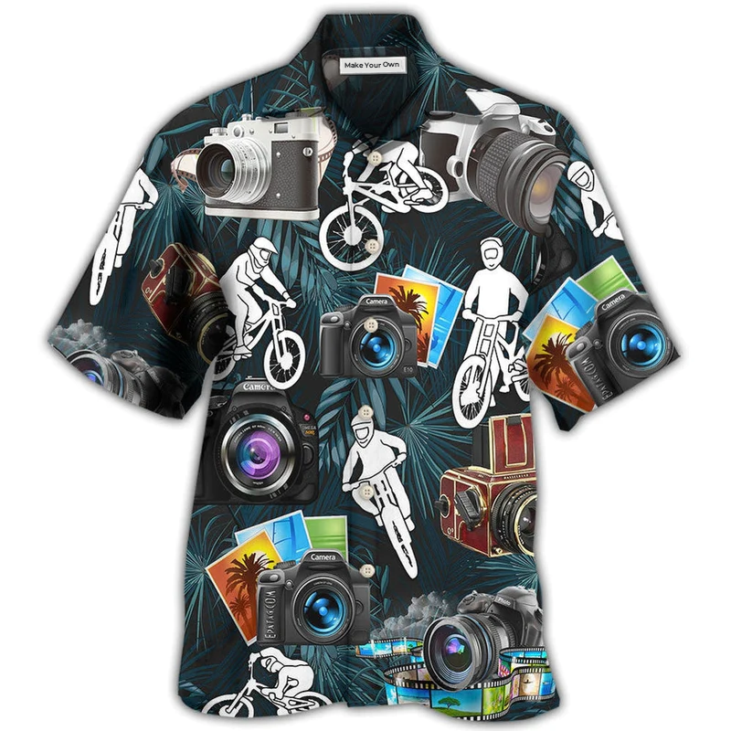 Camera Cycling Hawaiian Shirt Pattern Detail For Summer Holidays And Outdoor Fun