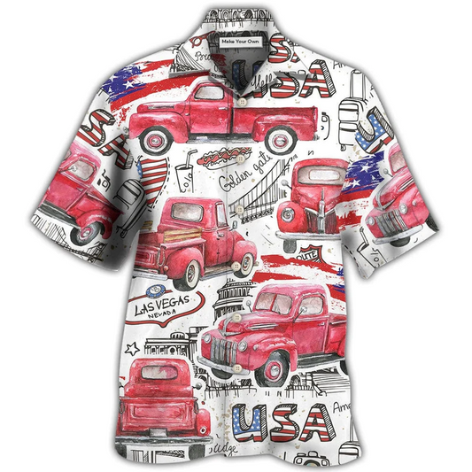 Red Truck USA Flag Independence Day Hawaiian Shirt For Summer Vacation And Beach Travel