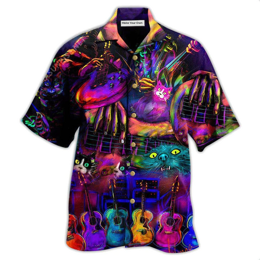 Guitar And Cat Hawaiian Shirt For Summer Travel Coastal Events And Thoughtful Gift Giving
