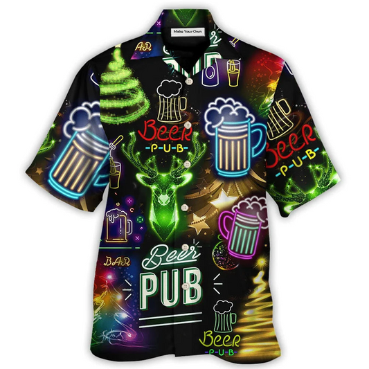Neon Beer Christmas Drinking Hawaiian Shirt Artwork Detail For Resort Trips And Outdoor Activities