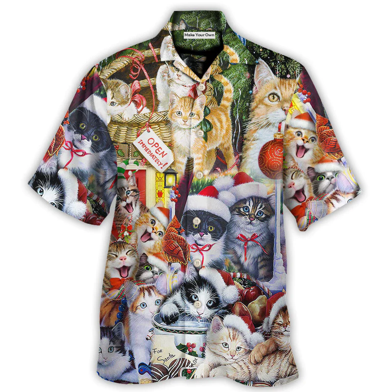 Christmas Cat Hawaiian Shirt Button Front Artwork For Resort Wear