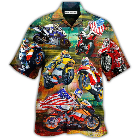 Motorcycle Racing American Flag Hawaiian Shirt Pattern View For Relaxed Warm Weather Outfits
