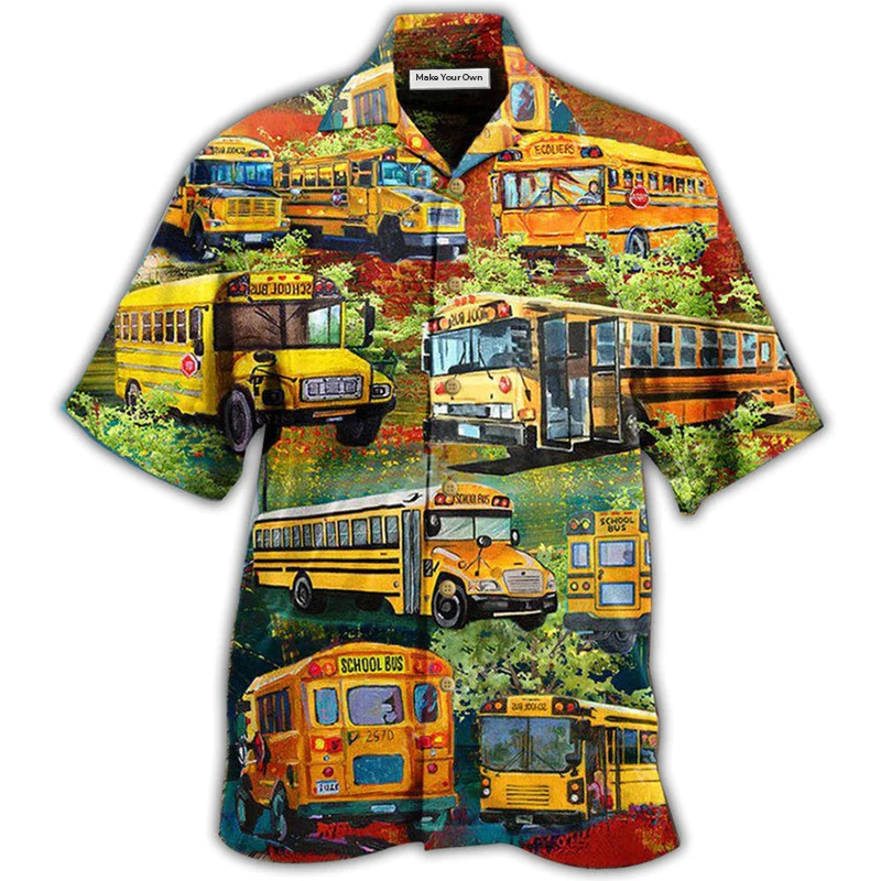 Green School Bus Stop Talking Driver Hawaiian Shirt Pattern Detail For Vacation Travel And Daily Wear