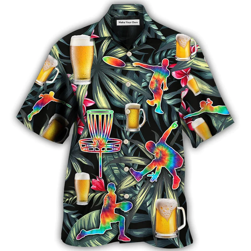 Tropical Floral Beer Disc Golf Tie Dye Hawaiian Shirt Pattern Detail For Vacation Travel And Daily Wear