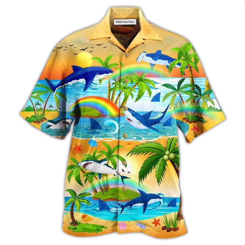 Rainbow Shark Bright Sharks Hawaiian Shirt Pattern View For Lightweight Everyday Style