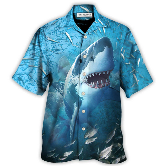 Shark Swims Baitfish Shoal Hawaiian Shirt Pattern Detail For Summer Holidays And Outdoor Fun