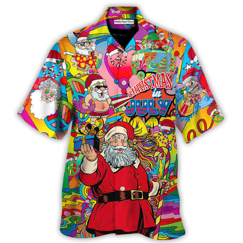 Summer Christmas July Santa Hippie Hawaiian Shirt Pattern Detail For Casual Outings