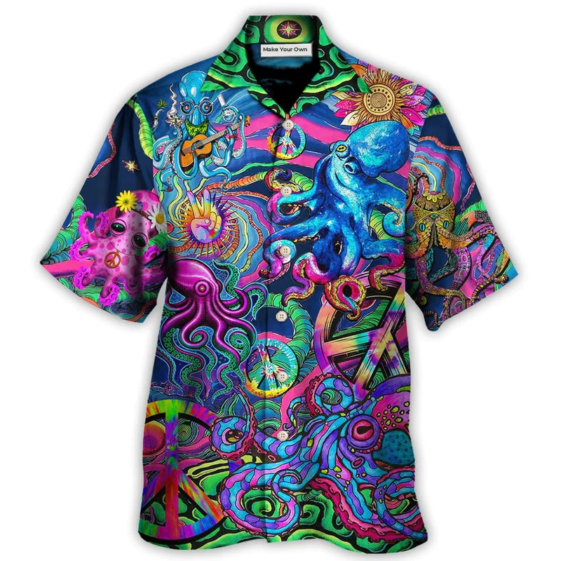 Bohemian Funny Colorful Octopus Tie Dye Hawaiian Shirt Pattern Detail For Summer Holidays And Outdoor Fun