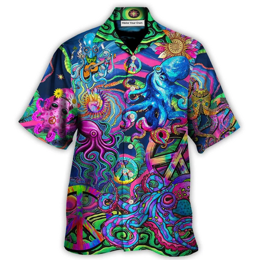 Bohemian Funny Colorful Octopus Tie Dye Hawaiian Shirt Pattern Detail For Summer Holidays And Outdoor Fun