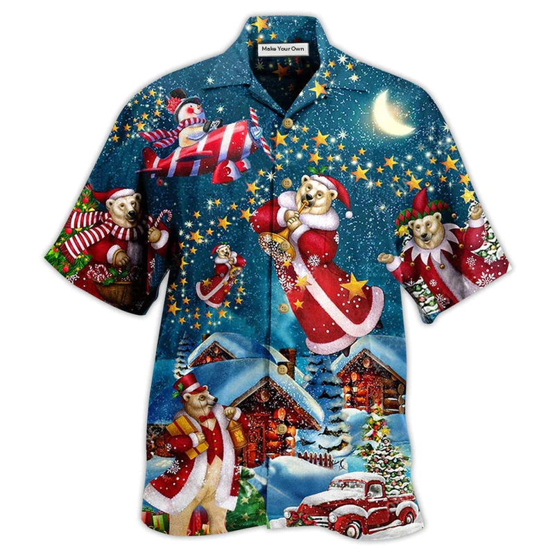 Bear Christmas Santa Night Hawaiian Shirt Artwork Detail For Tropical Trips And Casual Outings
