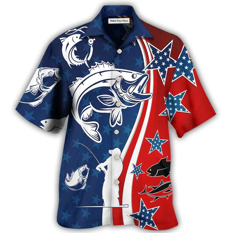 Fishing Independence Day Star American Hawaiian Shirt Design View For Casual Summer Styling