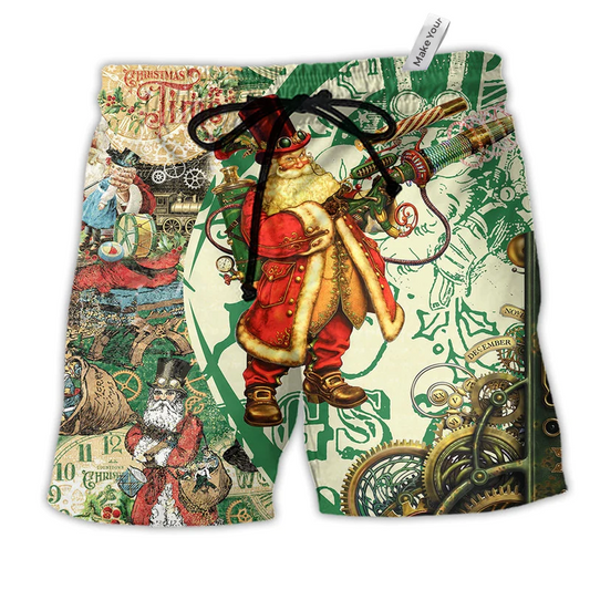 Christmas Steampunk Santa Clause Hawaiian Print Beach Shorts For Seasonal Summer Travel