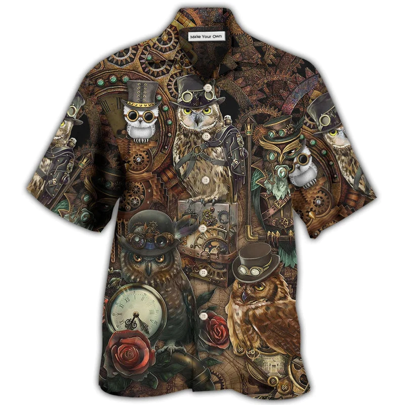 Steampunk Retro Owl Hawaiian Shirt Pattern Detail For Vacation Travel And Daily Wear