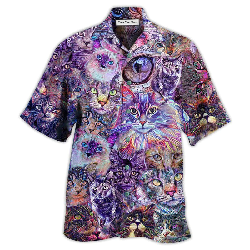Purple Cat Psychedelic Hawaiian Shirt Pattern View For Lightweight Everyday Style