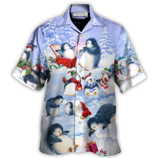 Christmas Penguin Family Hawaiian Shirt Graphic Artwork Detail For Resort Wear