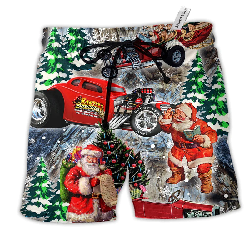 Hot Rod Merry Christmas Red Style Hawaiian Print Beach Shorts For Christmas Getaways