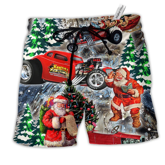 Hot Rod Merry Christmas Red Style Hawaiian Print Beach Shorts For Christmas Getaways